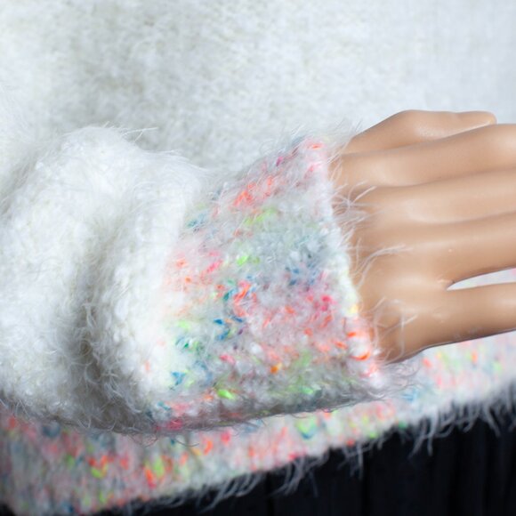 Free People Cream Multicolor Trim Cozy Knit Sweater, XS Slouchy Boho Pullover - Picture 4 of 6